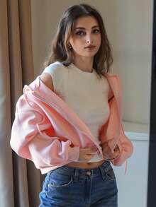 Livesso 女式短款宽松休闲羊毛连帽衫拉链运动衫夹克 - 粉色 - 查看 4