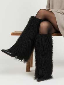 Y2K Style EdgyElongate Women's Winter Furry Snow Boots Women's Knee High Boots Faux Fur Shoes Pointy Toe Chunky Heel Cowboy Fashion Warm Fluffy Shoes - 黑色 - 查看 4