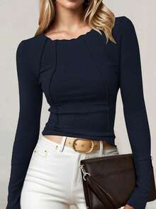 Visible Stitching Slim Fit Knit Top, Minimalist Style Long Sleeve Women's Top, With Elastic Waist Design - Navy Blue - View 4