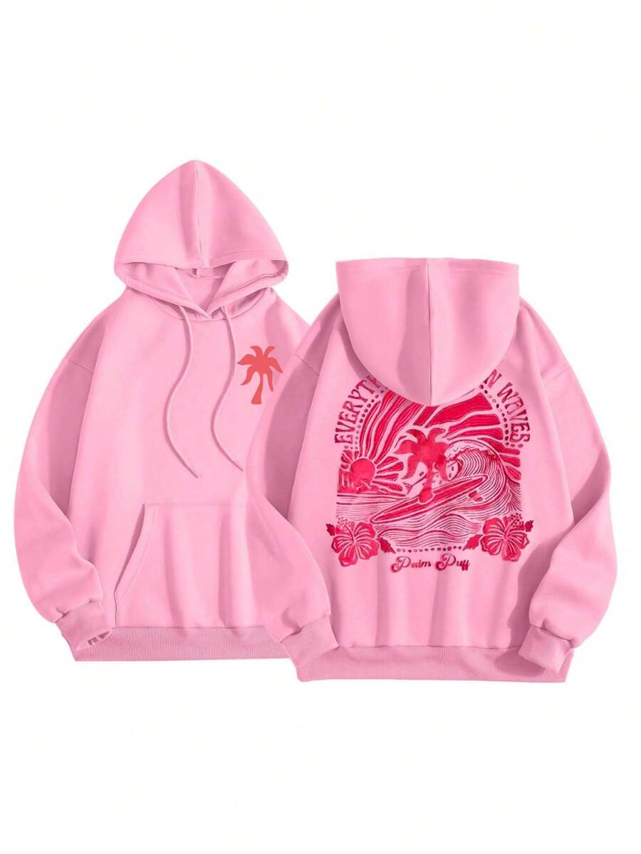 Y2k Palm Tree Print Hoodie - Relaxed Fit, Tropical Style, Surf Wave Design,  Pocket, Casual Sports Sweatshirt, Comfortable Everyday Top For Both Men And Women