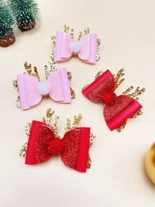 2pcs Christmas Deer Antler Bow Pom Pom Hair Clips, Children Christmas Holiday Costume Hair Accessories, Glitter Duck Clip, Suitable For Daily Outfit And Gift Matching