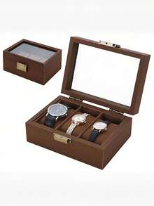 3 Slots Wood Watch Storage Boxes, Coconut Brown Watch Display Case With Glass Window, Wood Watch Display Case Ideal Gift For Men In Father Day Birthday Valentines Wedding Anniversary,Multifunctional: This Watch Storage Box Can Not Only Hold Watches.