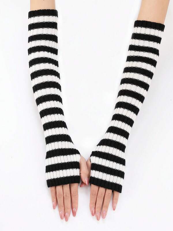 1 Pair Women's Striped Knitted Long Sleeve Arm Warmers, Warm Fingerless Gloves, Y2K Christmas Gift, Autumn/Winter Arm Sleeves Suitable For Holiday Parties And Weddings, Valentine's Day Arm Sleeves Suitable For Daily Outings And Casual Wear
