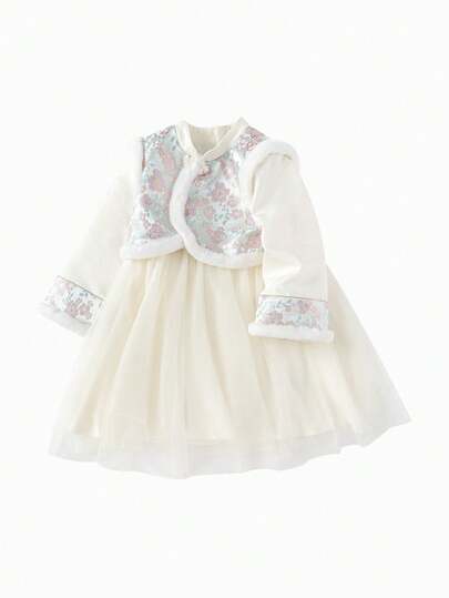 Balabala 女童汉服连衣裙，多层薄纱设计，甜美刺绣，现代中国风，秋冬款