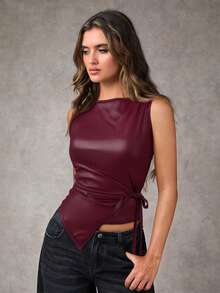 女士优雅纯色打结不对称下摆仿皮衬里弹力吊带背心，适合圣诞节、新年派对和夏季休闲穿着 - 酒紅色 - 查看 5