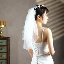 1pc Elegant Bridal Wedding Headpiece With 3D Floral Veil And Hair Comb, Romantic Short Double-Layer Veil, Valentine's Day Hair Accessory - 彩色 - 查看 8