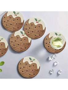 6/1pc Cute Christmas Wood Coaster, Suitable For Christmas Table Decoration, Coaster Furniture, Home Beverage Coasters, Wine Cup Coasters, Christmas Gifts,Christmas Decorations,Gifts For Christmas,Christmas & Holiday Decor - Multicolor - View 3