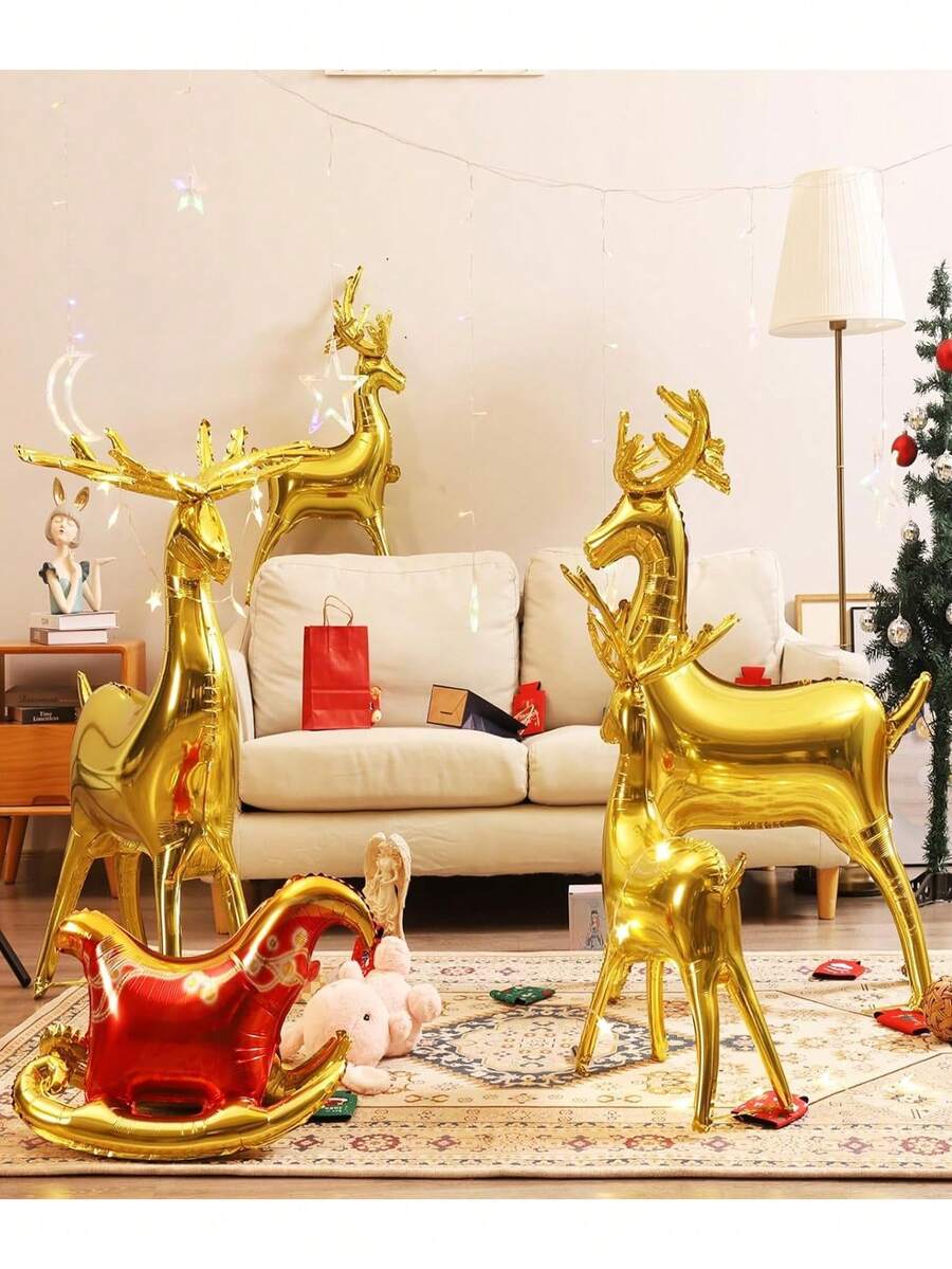 3pcs Christmas Balloons Set, Christmas Foil Balloons Reindeer Balloon Santa's Sleigh Mylar Balloons For Holiday, 4D Elk Set, Inflatable Standing Reindeer, Christmas Sleigh Inflatable Balloons For Xmas New Year Party Decorations, Suitable For Indoor Outdoor Garden Yard Decor, Christmas Party Decorations