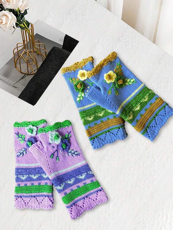 Luvas femininas de tricô bordado com gancho pequeno e flor quente, luvas de fio jacquard feitas à mão