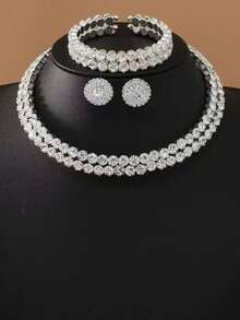 3 件套奢华新娘婚礼项链、手链、耳环套装、全水钻装饰颈链、多层项链、新娘配饰