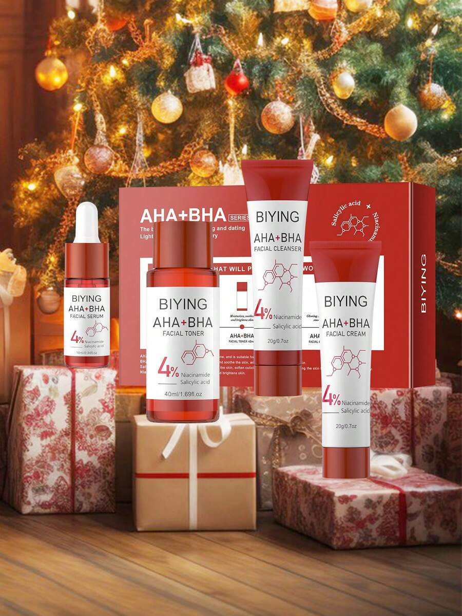 (Regalo de Navidad, Halloween, Acción de Gracias) Estuche de regalo de cuidado de la piel Mooyam AHA + BHA Juego de 4 piezas: Limpiador, Esencia, Crema Esencia, Tónico, Hidratante y Iluminador, Nutritivo y Humectante. Estuche de regalo de cumpleaños, estuche de cuidado de la piel para viajes