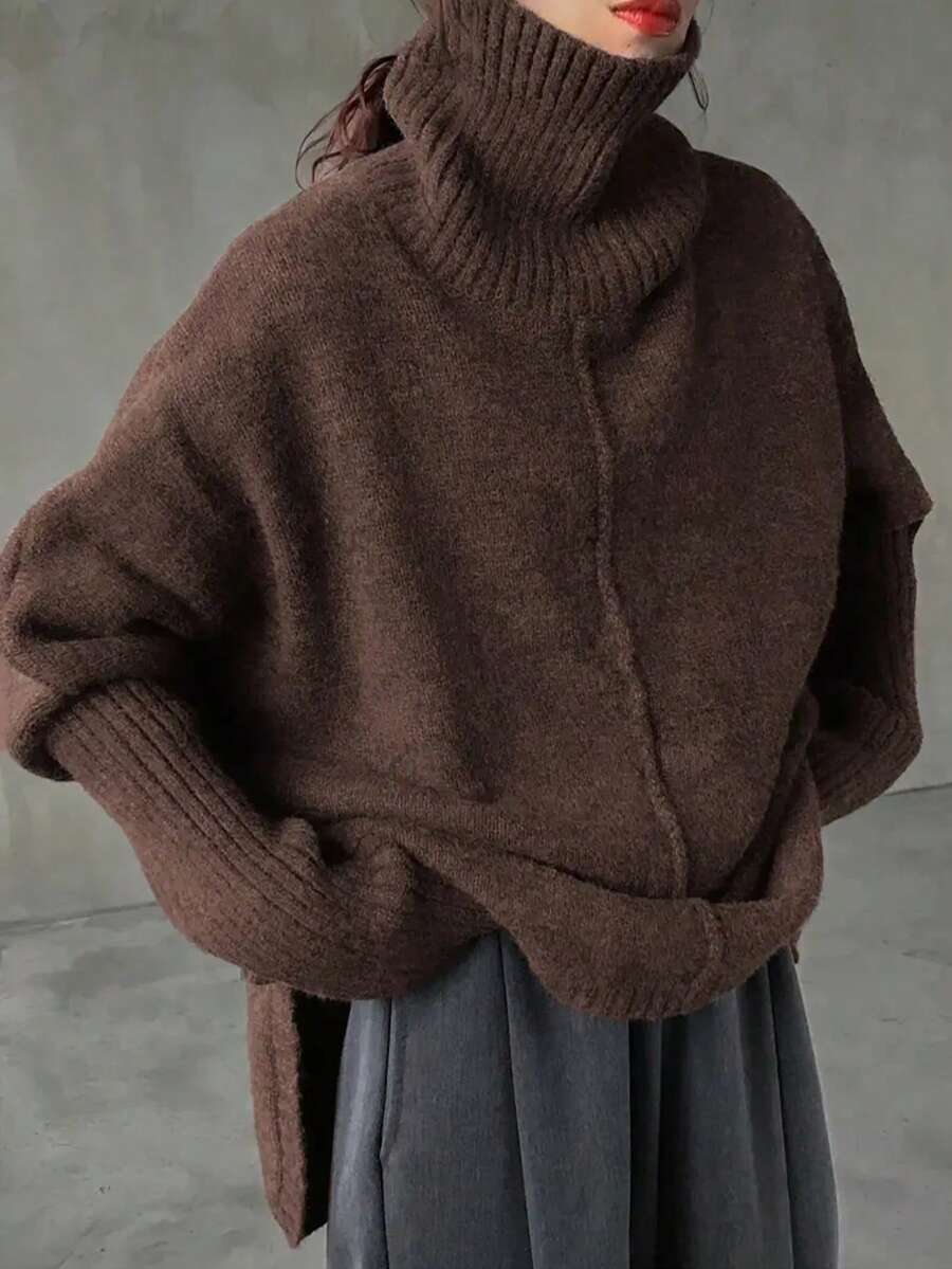 Maglione a collo alto, spalle scoperte, in maglia a costine, per donne taglia comoda, maniche lunghe, vestibilità morbida, lunghezza regolare, tessuto non elasticizzato, adatto per autunno/inverno