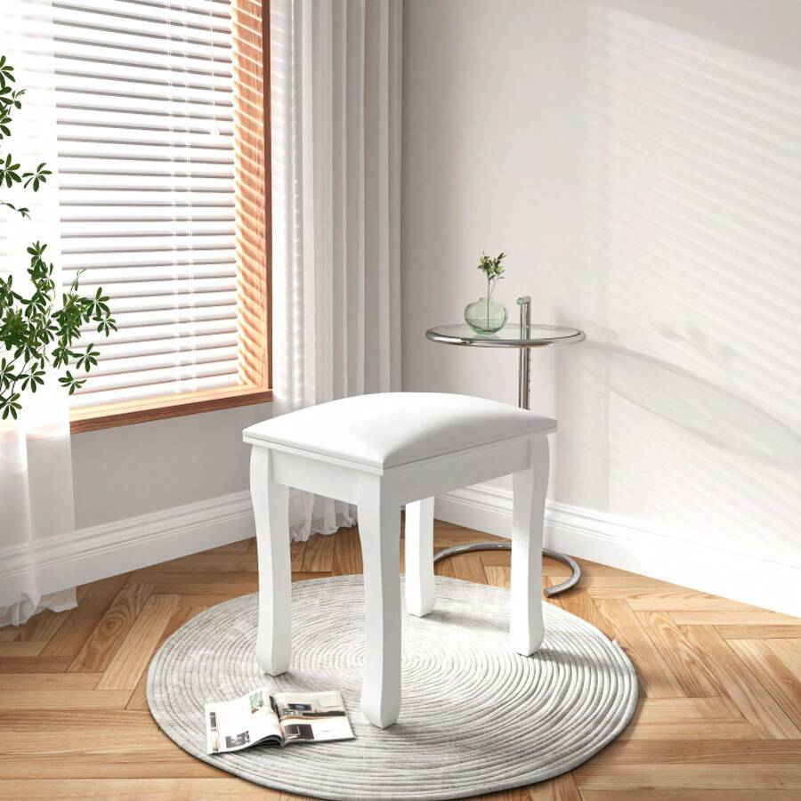 Square Vanity Stool, Highly Elastic Cotton Makeup Stool, Modern Upholstered Piano Stool For Vanity, Bathroom, Living Room, Ottoman, White Curved Leg - 1 - View 1