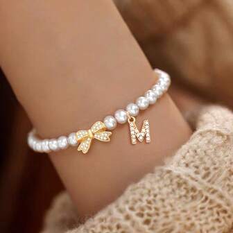 1pc New Initial Bow-Knot Pendant Beaded Bracelet For Women