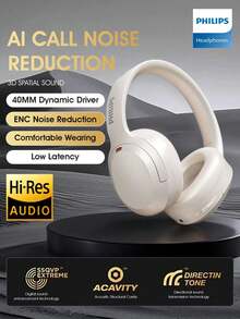 PHILIPS 飞利浦头戴式蓝牙耳机，TAH2120，运动型，电池寿命长，可折叠，降噪，适用于电脑游戏和电子竞技 - 白色 - 查看 1