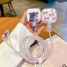 Set da 5 pezzi di manicotti protettivi con fiocco/stampa leopardata per caricabatterie standard britannico da 20W, organizer per cavi, avvolgicavo