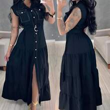 Long Chemise Dress With Buttons And Sash Belt – Elegant And Modern - 黑色 - 查看 1