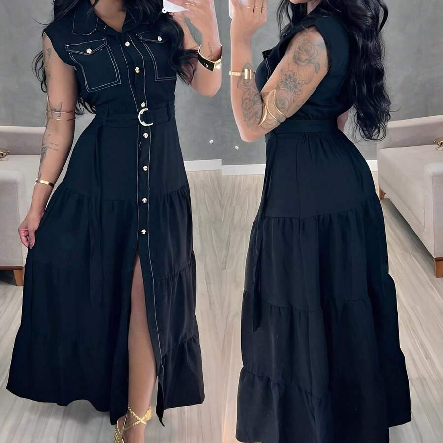 Long Chemise Dress With Buttons And Sash Belt – Elegant And Modern - 黑色 - 查看 1