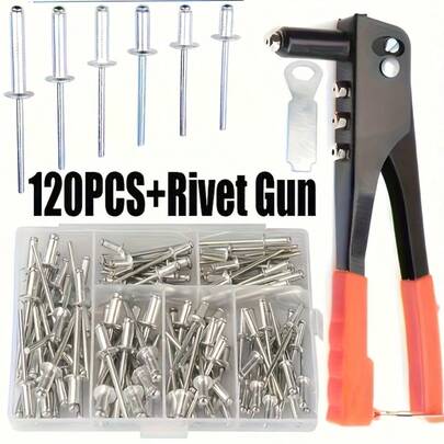 120pcs Rivet Set With Rivet Gun - Durable Metal Alloy Manual Tool For Solid Metal Connections And General Surface Treatment