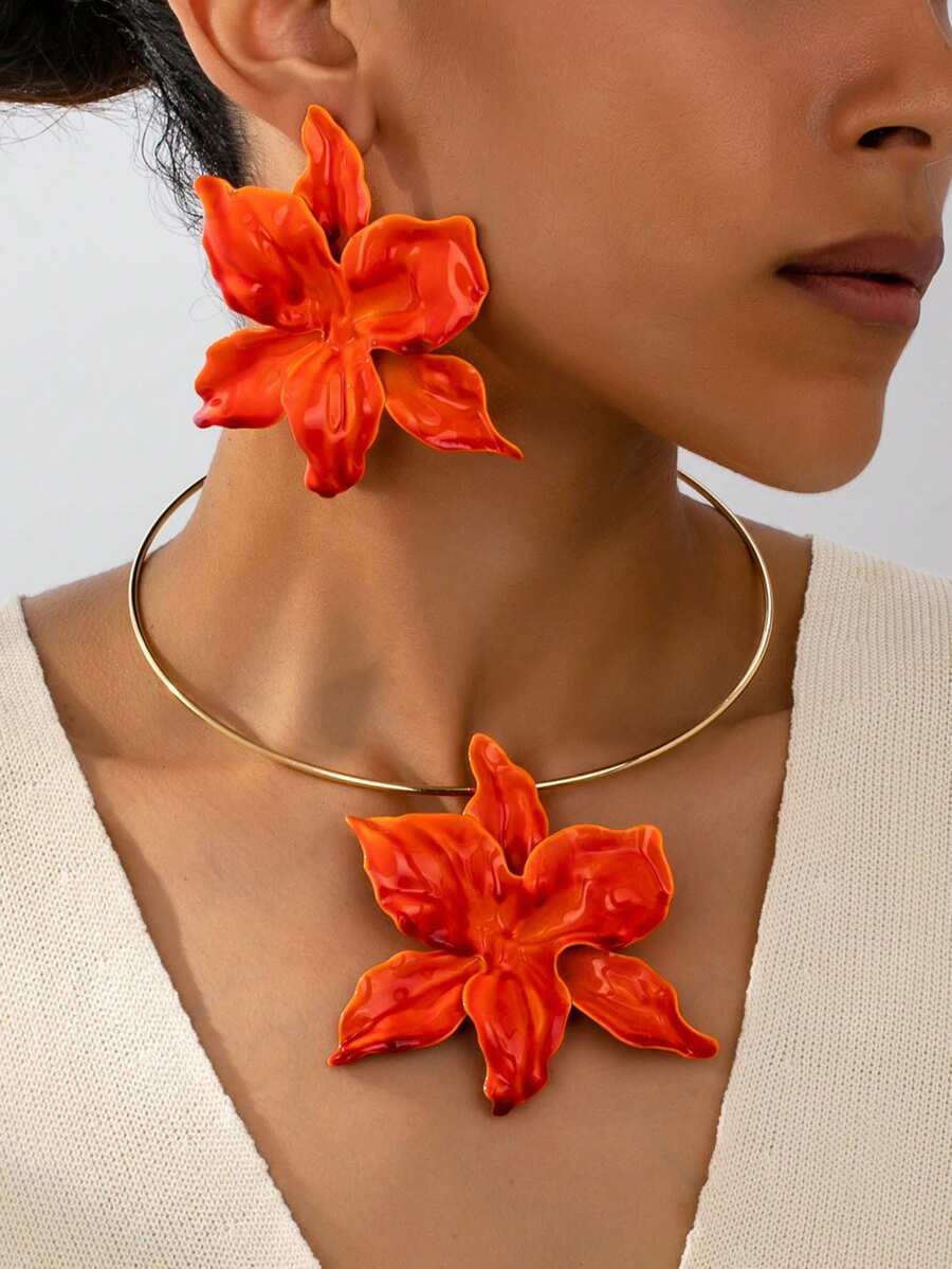 Bộ 3 chiếc/Bộ dây chuyền mặt hoa cỡ lớn bằng kim loại màu cam phong cách Bohemian thanh lịch, bộ trang sức hoa tai dành cho nữ, phù hợp để đeo hàng ngày và ngày lễ - trái cam - Xem 1