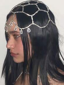 时尚奢华镂空网状泪珠吊坠头链，女士迷人闪亮珠宝，头饰，发藤链，头饰珠宝，女士珠宝