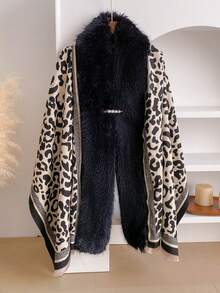 1条复古豹纹和千鸟格提花围巾，带蓬松领子，秋冬季女士保暖装饰围巾披肩斗篷，附赠珍珠胸针，时尚配饰，女士完美礼物，适合日常穿着。 - 黑色 - 查看 5