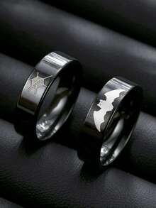 2pcs Halloween Stainless Steel Rings Bat And Spider Web Pattern Gothic Style For Everyday Wear Holiday Gift Halloween Couple Rings - Black Bats and Spider Web - View 6