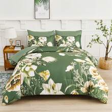 7 Pieces Purple Floral Comforter Sets Full Queen King Bed In A Bag,Elegant Flower Comforter With Sheet Set, Soft Microfiber Bedding Set For Wedding Items,Valentines Day Home Bed Room Decor,Mothers Day Gift,All Season - 橄欖綠 - 查看 8