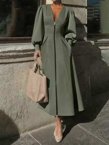Pleated Pocket Solid Color Zipper A-Line Long Sleeve V-Neck Midi Dress, Women's Autumn Dress, Retro Elegant Long Sleeve Waisted Dress, Olive Green Long Sleeve Dress - Olive Green - View 3