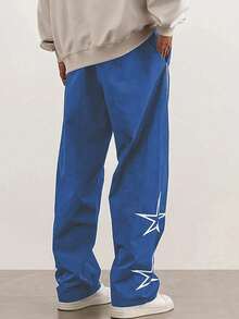 1 件男士直筒星星字母印花休闲宽松街头运动裤 - 藍色 - 查看 4