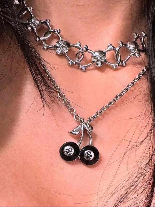 1 peça colar com pingente de caveira de cereja e bola 8 preta, joia exagerada Y2K para mulheres, acessório punk hip-hop da moda