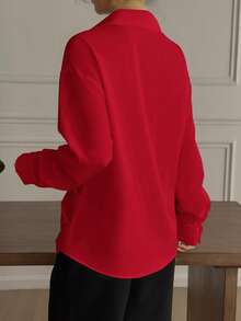 Women Drop Shoulder Solid Color Long Sleeve Twist Knot Blouse - Red - View 2