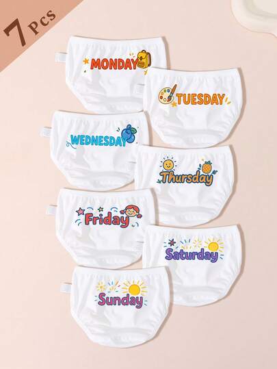 7 件装少女印花可爱趣味工作日设计三角裤，少女内裤