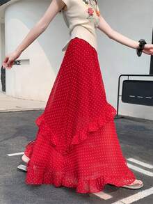 Ruffled Red Polka Dot Slit Beach Skirt, Pleated Floral Hem, Vacation Travel, Autumn 2025 New - Red - View 6