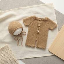 2pcs Newborn Photography Outfits Soft Knitted Baby Romper With Hat Newborn Photography Props Shorts And Cap Set Boy Girl Bodysuit Shooting Romper Baby Shower Gift - Nhiều màu - Xem 9