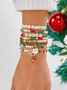 8Pcs Christmas Themed Charm Bracelet Set,Women's Jewelry Set For Party,Festival Gift For Family&Friends,Santa&Snowflake&Candy Cane&Heart&Star