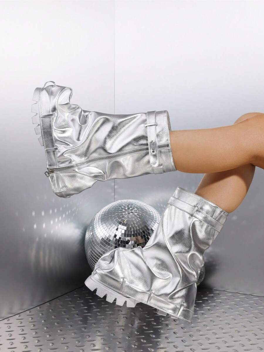 Women's Fold Over Slouchy Shark Boots Pleated Chunky Heel Mid Calf Versatile Platform Pull On Boots Silver Black Winter Fall Boots - Bạc - Xem 1