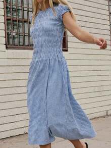 Women's Summer Dresses, Plaid Print Round Neck Short Sleeve Midi Dress For Casual Dailly Street Wear - 天藍色 - 查看 3