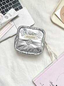 1个迷你绗缝化妆包，可爱蝴蝶结图案口红袋，心形图案化妆品收纳包，柔软面料卫生巾收纳袋，带拉链的少女零钱包，便携式零钱包钥匙扣，小物件收纳袋，旅行卫生巾收纳袋，女士化妆包，非常适合收纳化妆品和护肤品、文具，返校礼物，周年纪念礼物