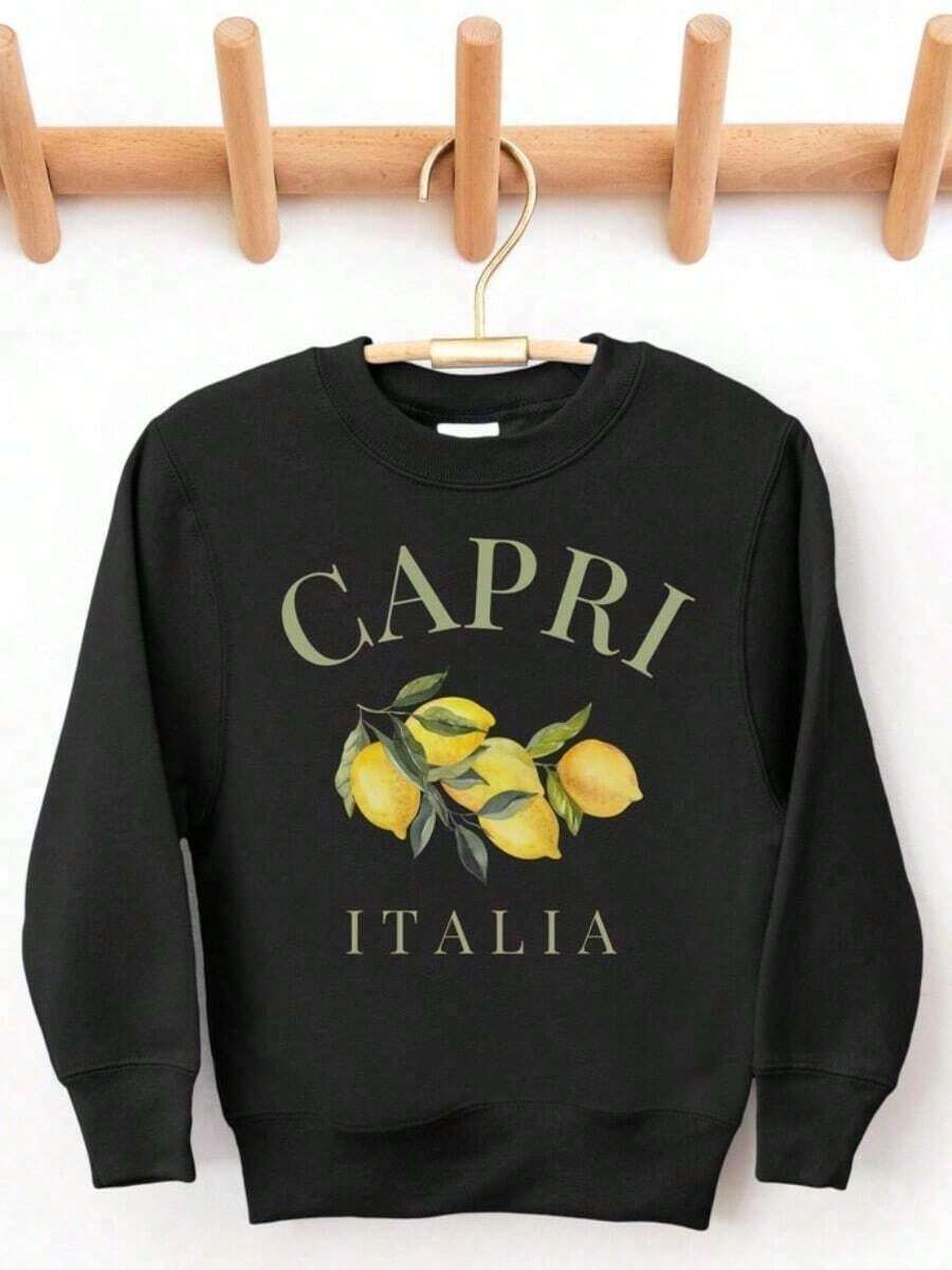 , Italia Youth Crewneck Sweatshirt | Kid's Pullover Sweater | Boho Lemons, Amalfi, Italy Top | Italian Travel Outfit | Idea - 黑色 - 查看 1