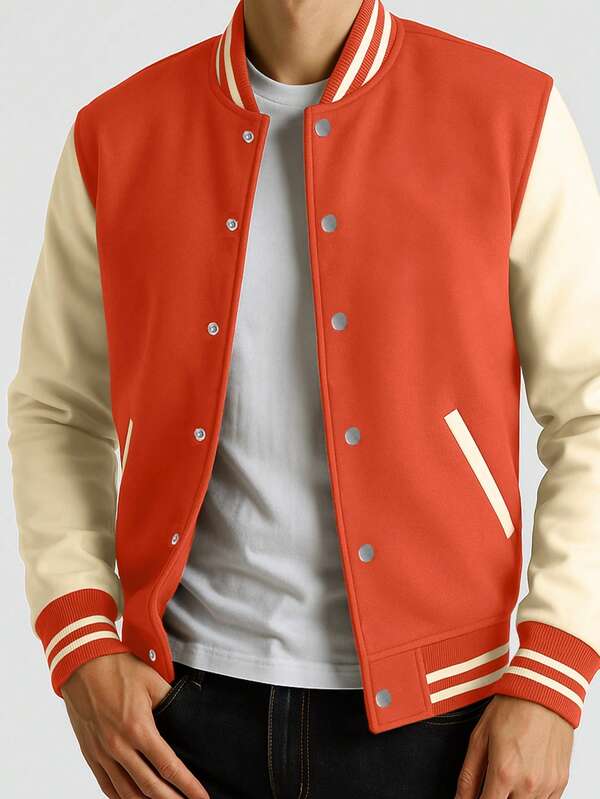 Chaqueta de béisbol casual deportiva para hombre, chaqueta de béisbol casual de manga larga de una sola hilera con bloques de color a rayas, chaqueta de béisbol de manga larga con bloques de color para uso en exteriores y ropa de calle, adecuada como regalo para amigos, esposo, novio