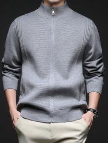 男士秋冬开衫毛衣，立领休闲风，商务/通勤内搭或外穿拉链针织衫，长袖上衣 - 灰色 - 查看 7