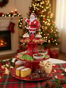 1pc 3-Tier Santa Claus Cake Stand, Multipurpose Holiday Dessert Display Rack, Suitable For Christmas, Dining Table Decor, Home Decor, Christmas Party Supplies, Cupcake & Dessert Table Decor, Christmas Candy Decor, Holiday Dining Table Centerpiece, Birthday Celebration And Holiday Party Decoration - Multicolor - View 2
