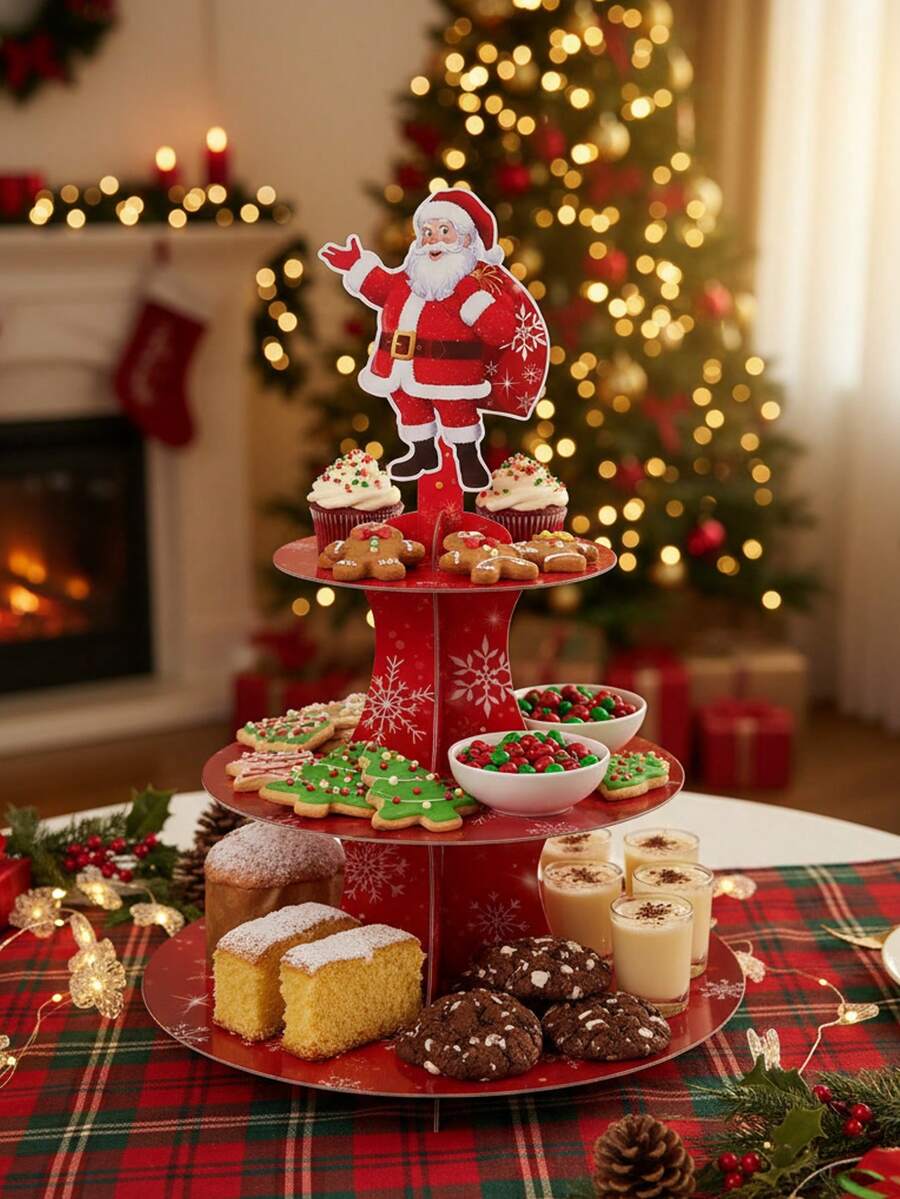 1pc 3-Tier Santa Claus Cake Stand, Multipurpose Holiday Dessert Display Rack, Suitable For Christmas, Dining Table Decor, Home Decor, Christmas Party Supplies, Cupcake & Dessert Table Decor, Christmas Candy Decor, Holiday Dining Table Centerpiece, Birthday Celebration And Holiday Party Decoration