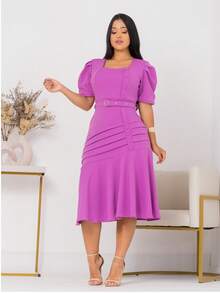 Women's Evangelical Midi Dress With Belt And Button, Secretary , Church Worship Uniform - 中紫紅色 - 查看 4