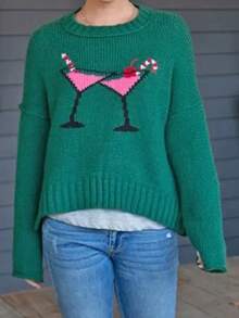 Womens Fall Winter Sweater Loose Fit Casual Wine Glass Pattern Ribbed Slit Hem Crew Neck Long Sleeve Knit Tops - Green - View 4