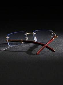 Men's Metal Frameless Wooden Grain Leg Vintage Elegant College Style Clear Lens Glasses, Suitable For Daily Commute, Outfit Matching, Photography, Outdoor Vacation, Also A Great Back-To-School Gift, Perfect For Halloween, Christmas, Easter, Valentine's Day, Independence Day, Thanksgiving, New Year