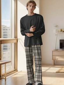 Men's Casual Sleepwear Set, Lightweight Round Neck Pullover, Plaid Print Long Sleeve Top And Pants, Comfortable And Relaxed, Elevated Home Outfit, Spring/Autumn - Black - View 1