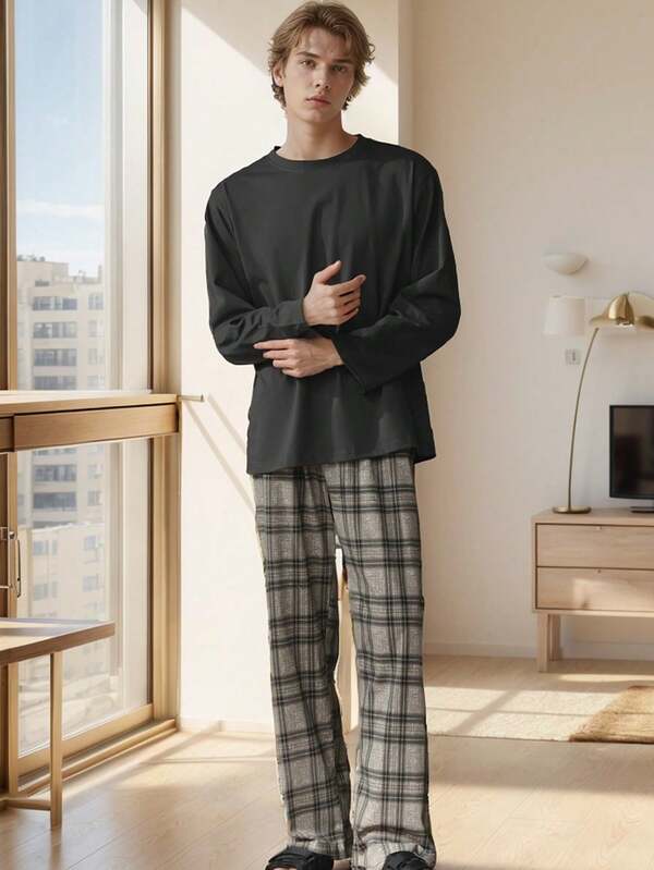 Men's Casual Sleepwear Set, Lightweight Round Neck Pullover, Plaid Print Long Sleeve Top And Pants, Comfortable And Relaxed, Elevated Home Outfit, Spring/Autumn