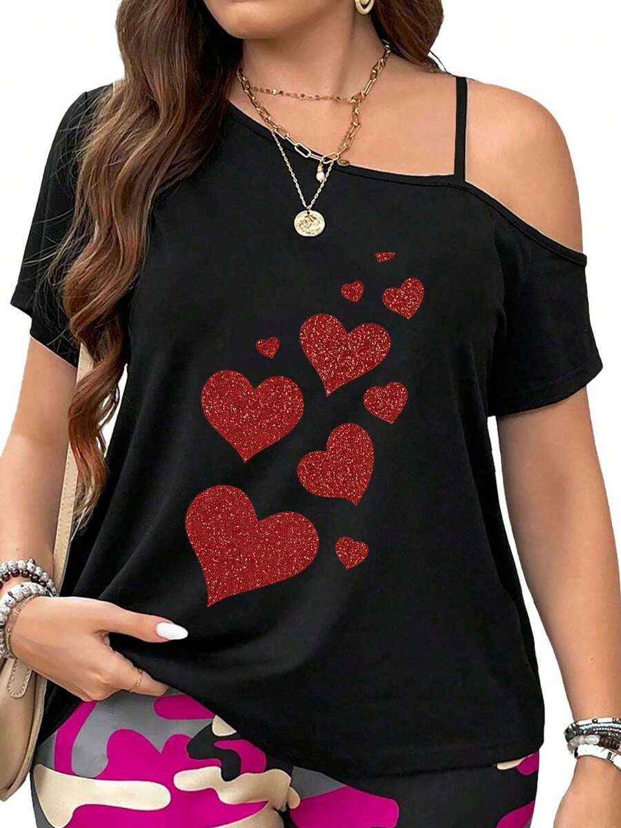 Glittering Hearts On A Red Gradient Background Womens Casual Tops Side Twist Knotted Tops Cold Shoulder T-Shirt - màu đen - Xem 1